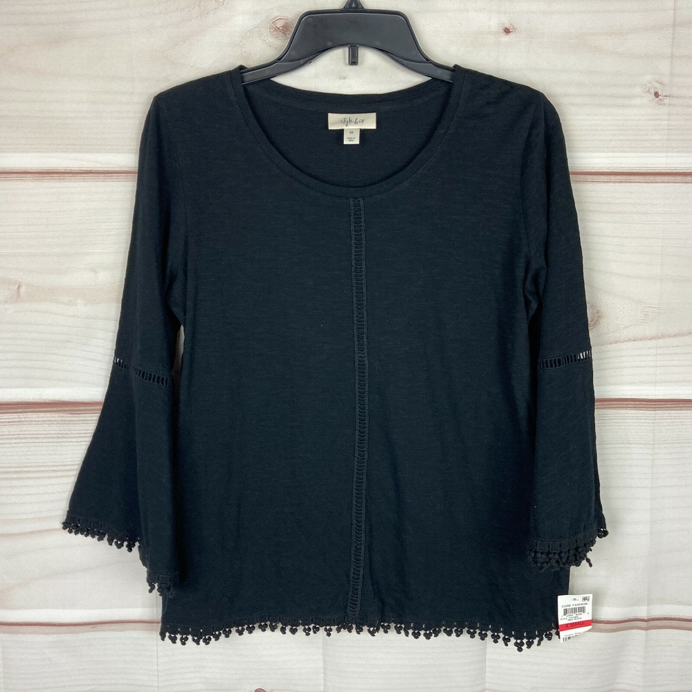 Style&Co. Top Womens XS Black Crochet Trim Bell Sleeve Scoop Neck Blouse Knit
